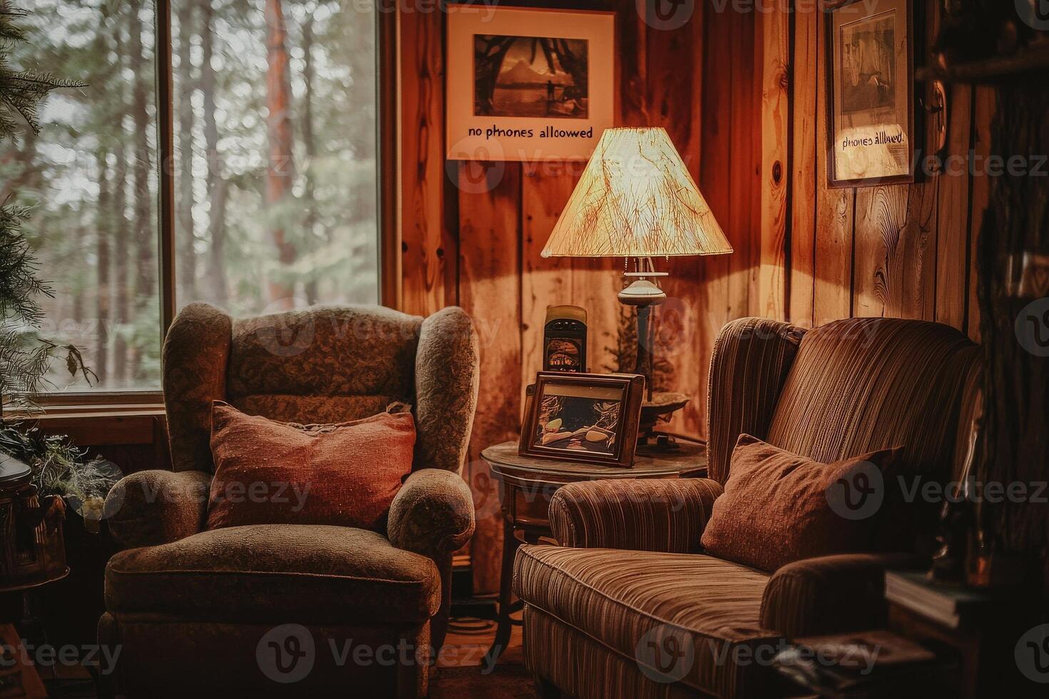A welcoming living room features a comfortable armchair and stylish couch beside a wooden table. Warm light from a lamp enhances the cabins rustic charm, while nature is visible outside. photo
