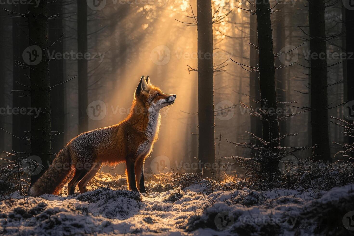 A fox stands gracefully in a serene forest, bathed in soft sunlight streaming through tall trees. The surrounding foliage is dark, enhancing the warm glow around the fox. photo