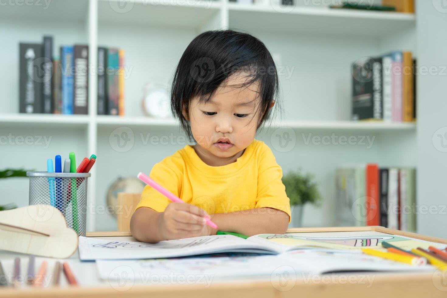 Happy Asia children playing learning paint on paper. Activity, development, IQ, EQ, meditation, brain, muscles, essential skills, family having fun spending time together, Holiday photo