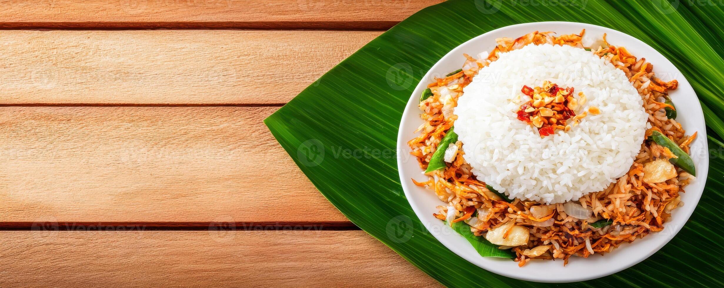 Fried Banana Blossom with Shredded Toppings and Rice photo