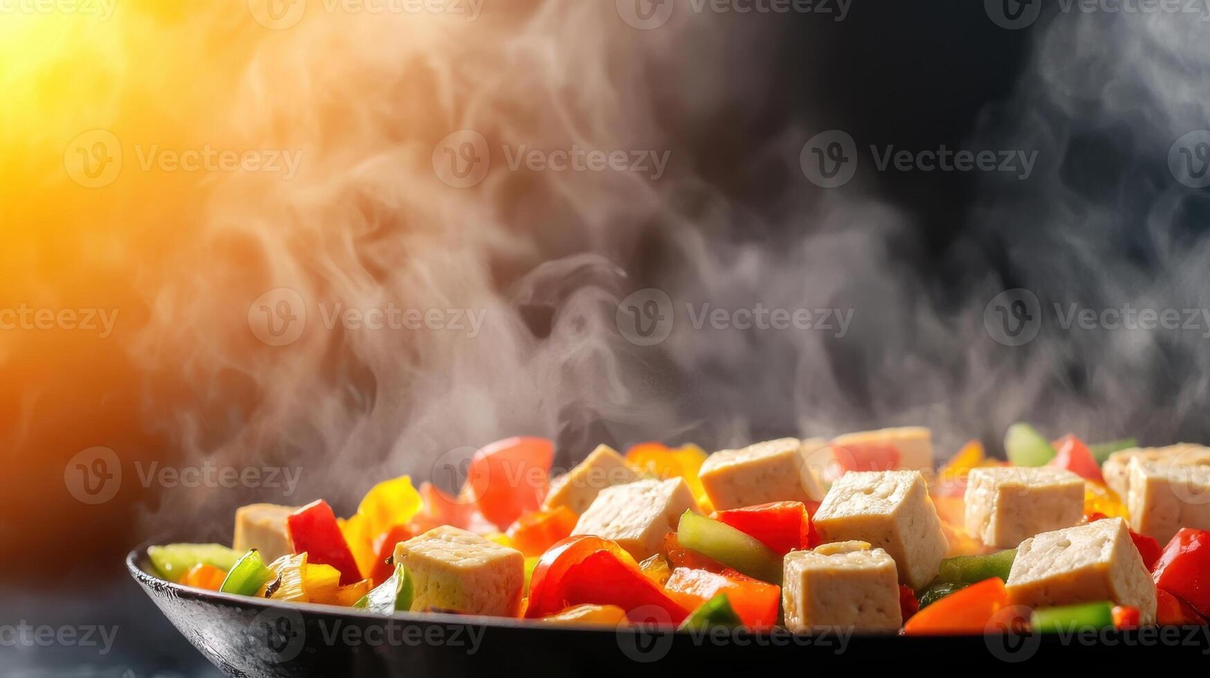 Stir-Fried Tofu Cubes in Wok with Colorful Vegetables photo