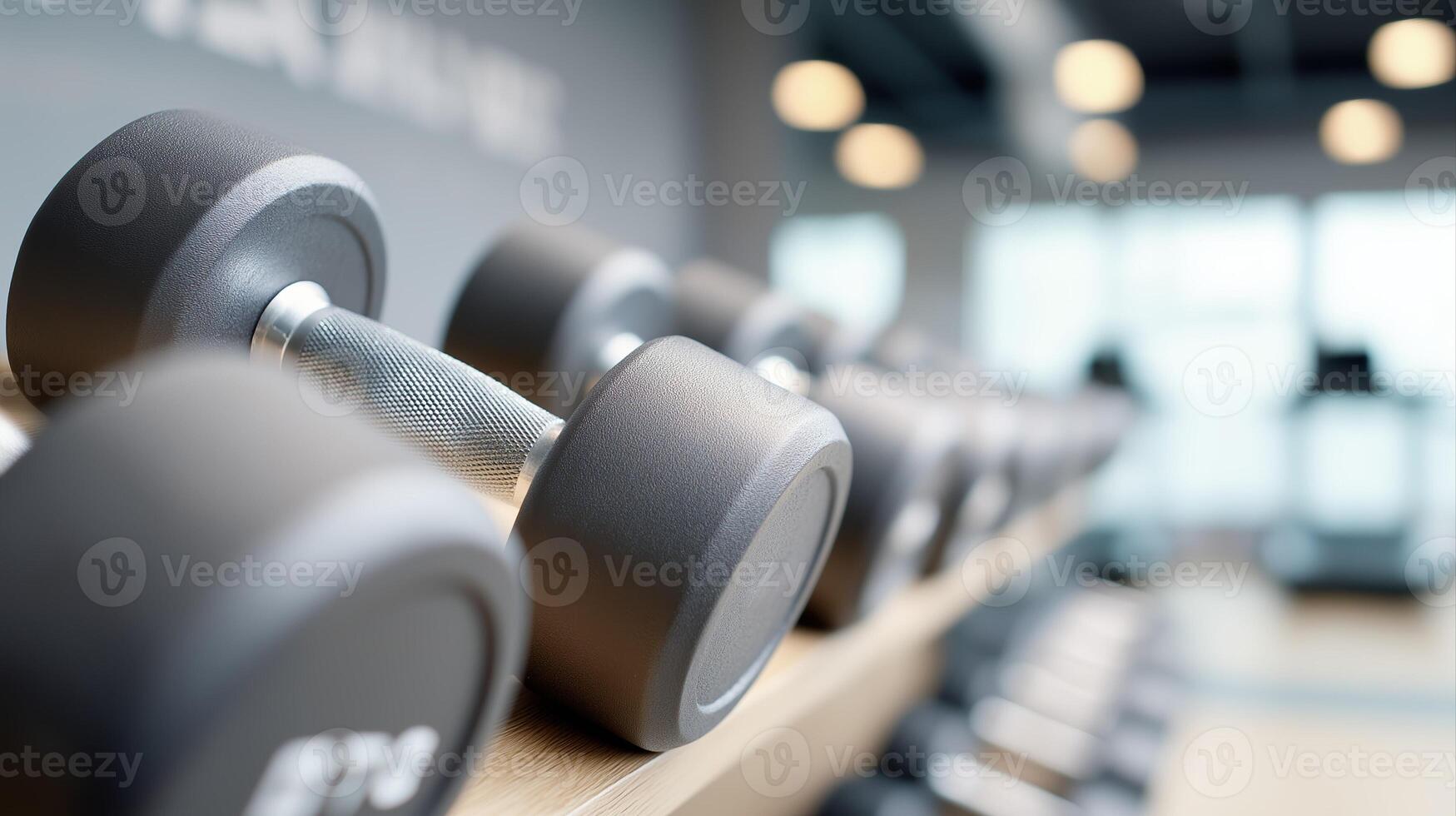 a fitness gym with dumbbells, treadmills, and motivational quotes on the wall photo