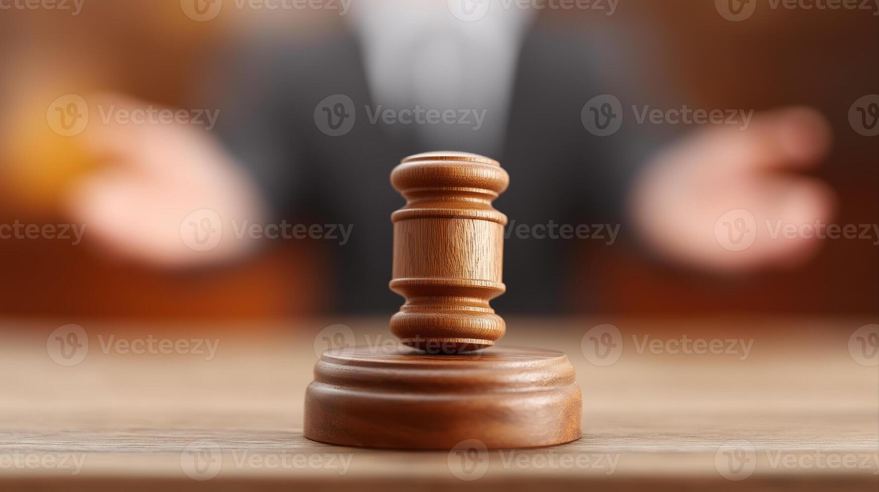 Gavel on Wooden Base Focused with Blurred Background of Person Engaging in Legal Discussion and Debate photo
