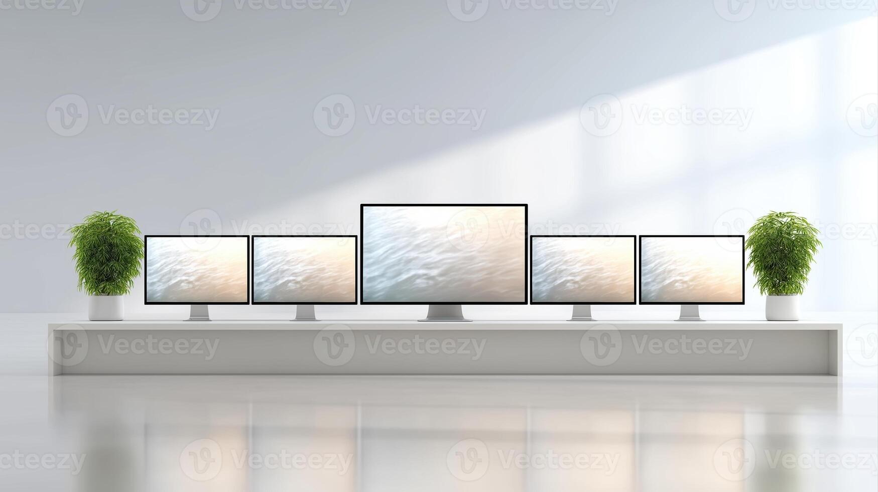 Modern Workspace with Multiple Monitors on a White Display Shelf Against Bright Background photo