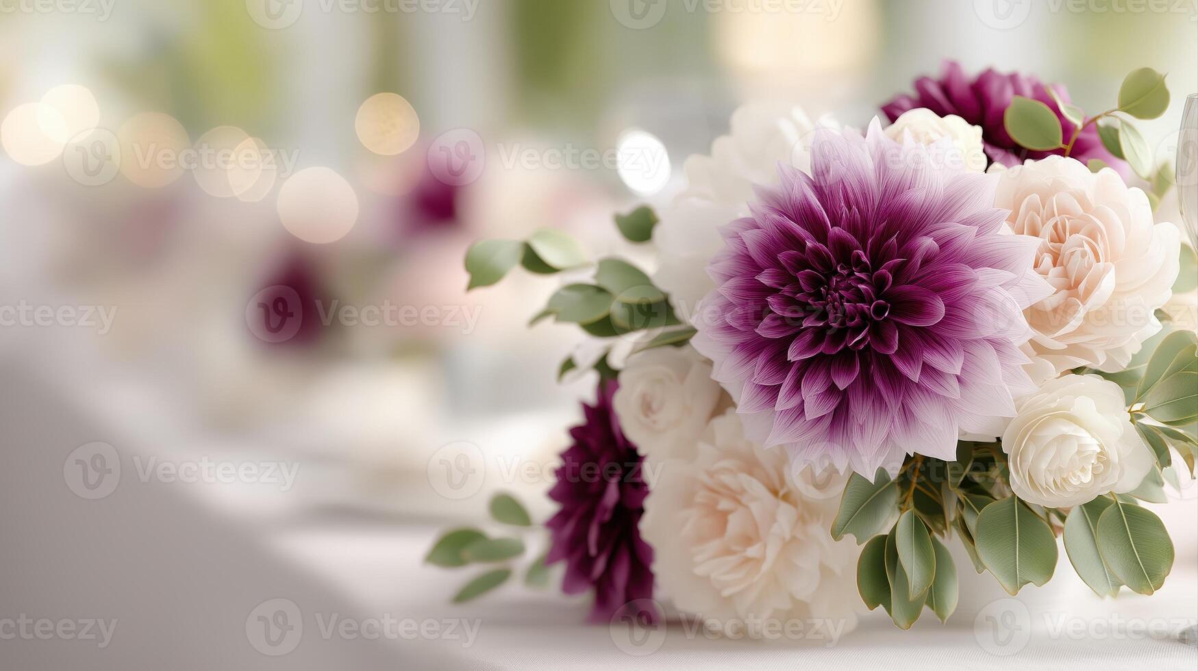 Elegant Floral Arrangement with Purple Dahlia and Cream Roses for Wedding Decor and Special Events photo
