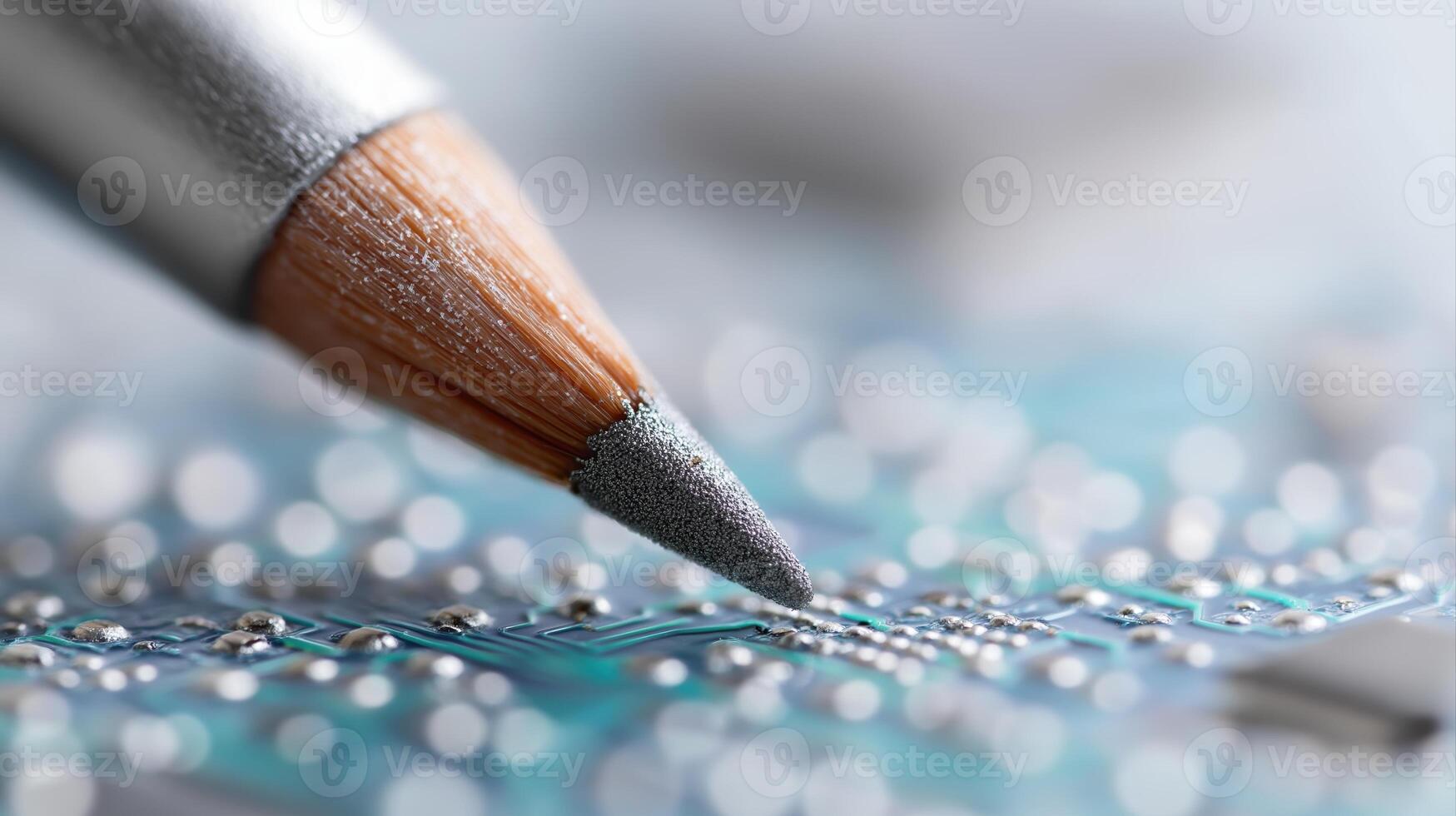 Close-up of a Pencil Tip Touching a Circuit Board with Bokeh Effect and Detailed Patterns in Focus photo