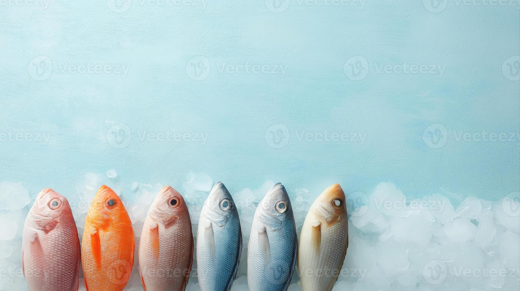 Freshly Caught Fish Displayed on Ice Against Light Blue Background with Minimalist Aesthetic photo