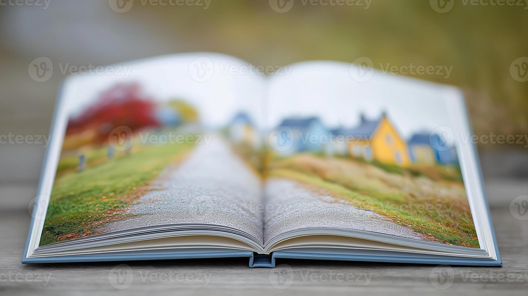 Open book on wooden table with blurred landscape of houses, roads, and colorful trees in the background photo
