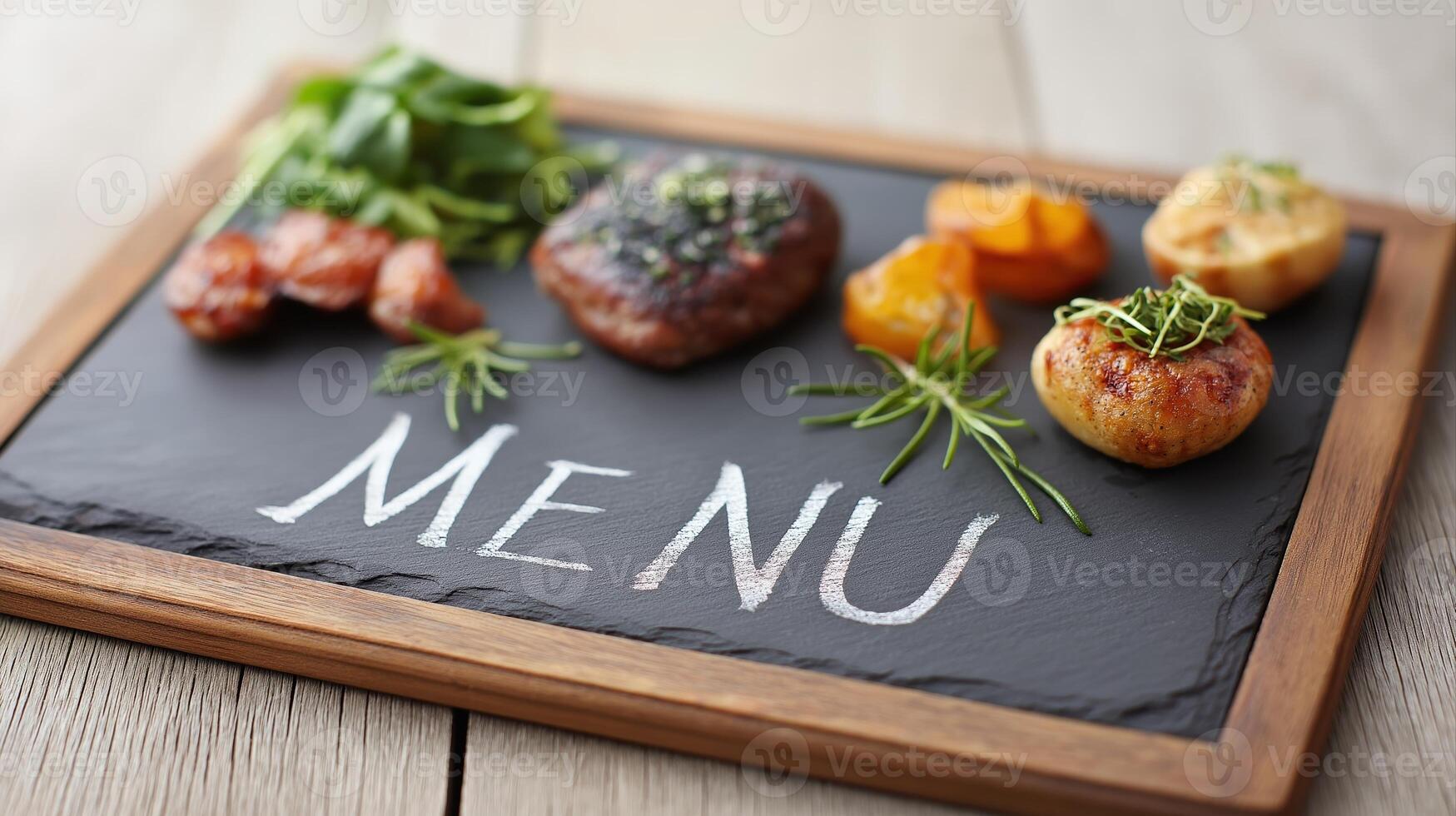 Gourmet Dishes Displayed on a Slate Board with Fresh Herbs and Vegetables for a Culinary Menu photo