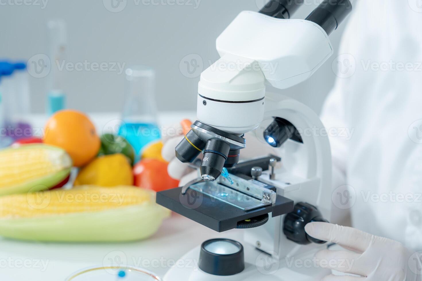 científico cheque químico Fruta residuos en laboratorio. controlar expertos inspeccionar el concentración de químico residuos peligros, estándar, encontrar prohibido sustancias, contaminar microbiólogo foto