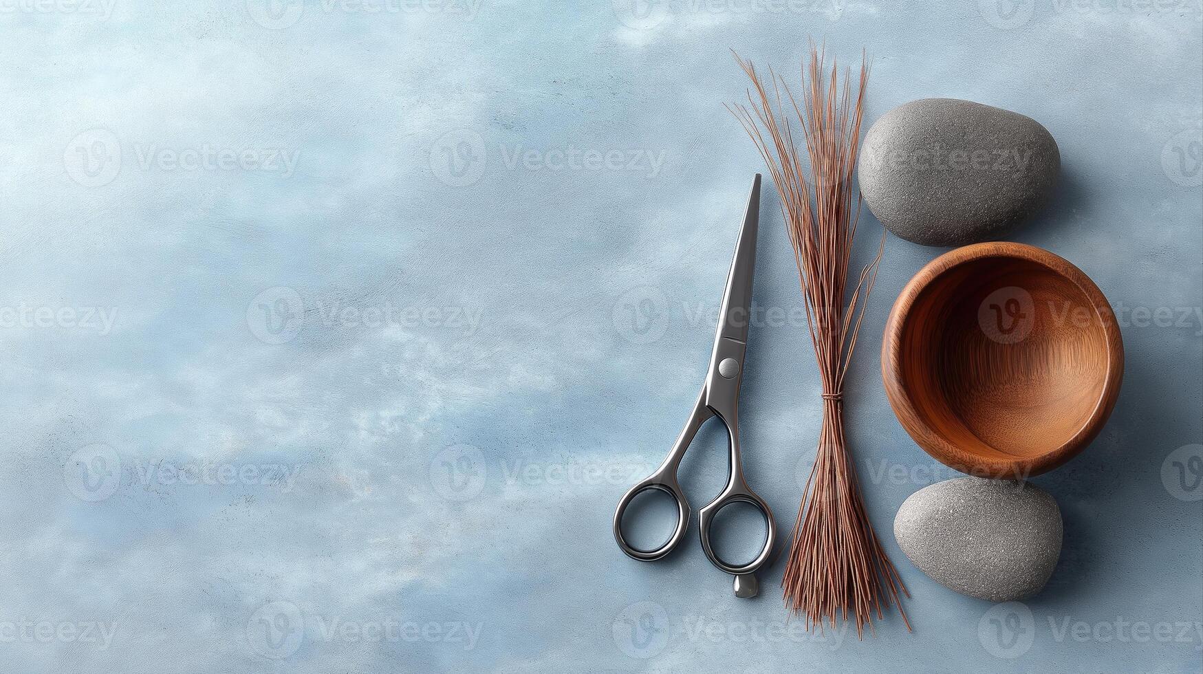 Crafting Essentials for Artistic Creations with Scissors, Natural Materials, and Wooden Bowl on Blue Background photo