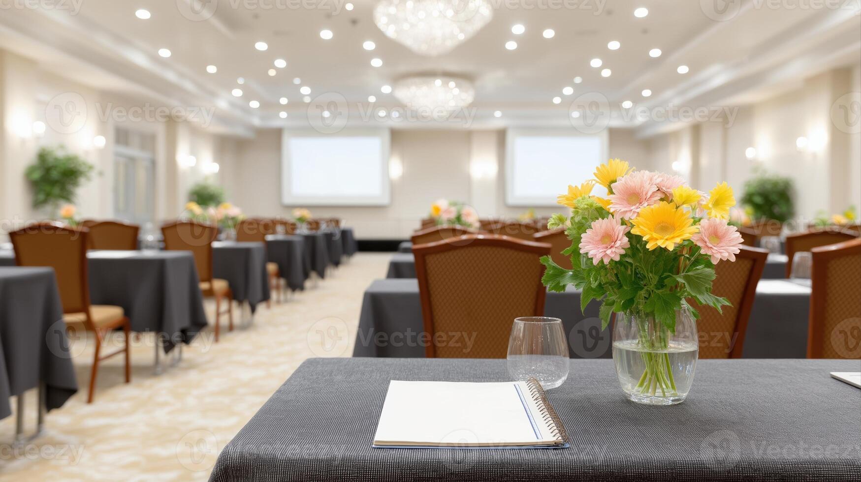 Elegant Conference Room Setup with Flower Centerpieces and Modern Lighting photo