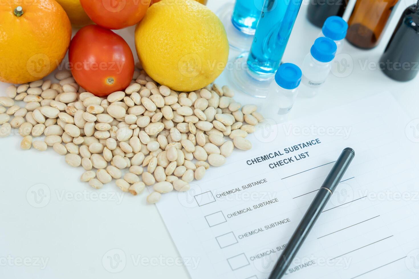 Scientist check chemical food residues in laboratory. Control experts inspect quality of fruits, vegetables. lab, hazards, ROHs, find prohibited substances, contaminate, Microbiologist photo