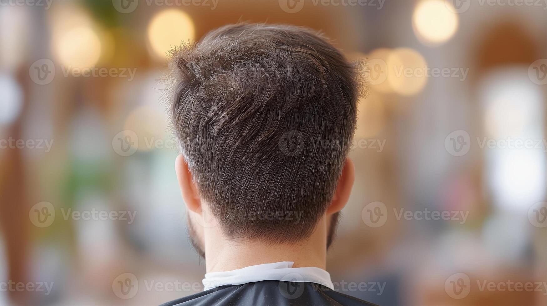 Close-Up View of Man with Short Hair from Back in Barbershop Setting with Blurred Background Lights photo