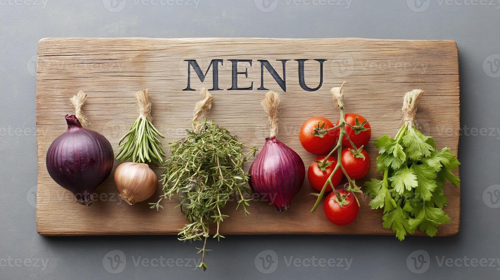 Fresh Ingredients for Healthy Cooking Displayed on Rustic Wooden Board with Menu Text photo