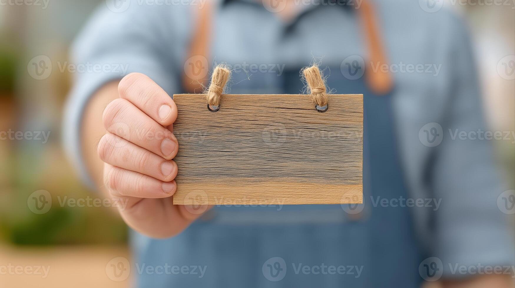 Hand Holding Wooden Card with Twine, Nature Background, Craftsmanship Concept, Close-Up View photo