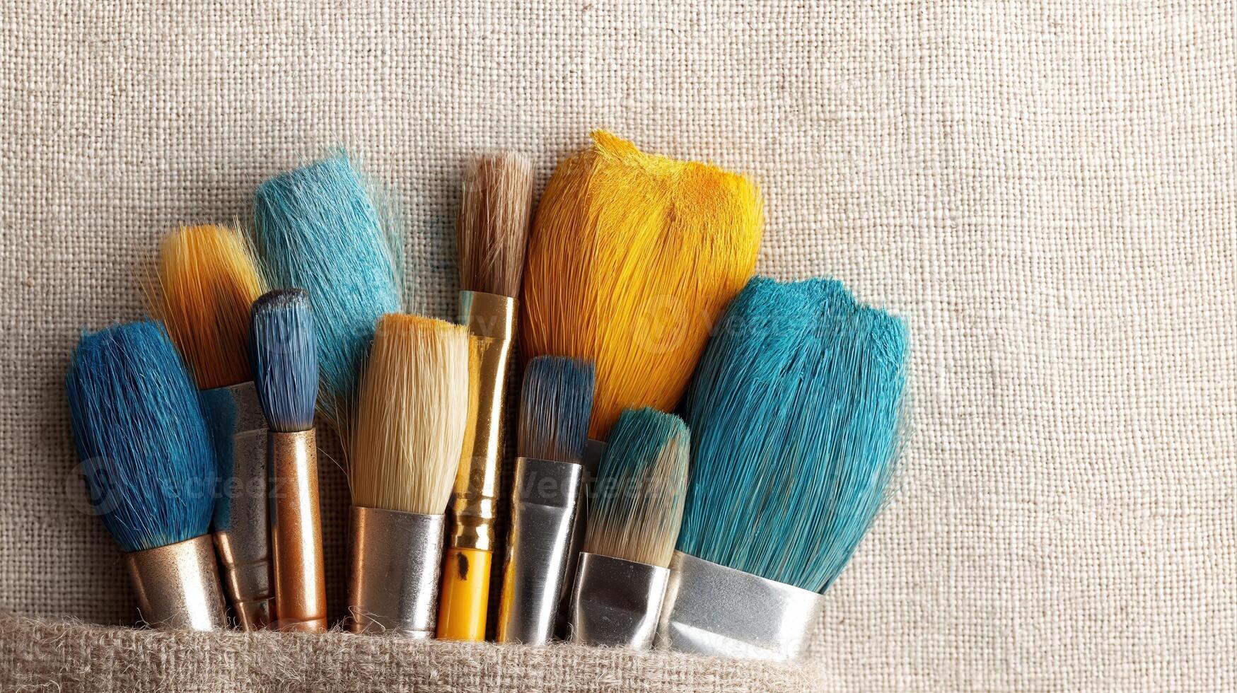 Colorful Art Brushes on Beige Canvas Background for Creative Artwork and Design Projects photo