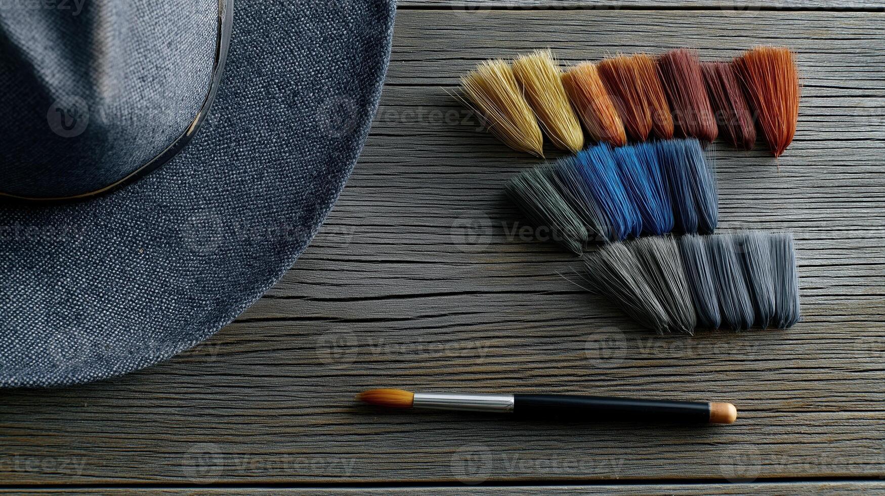 Artistic Flat Lay of Colorful Yarn Samples and Brush on Wooden Surface with Hat photo
