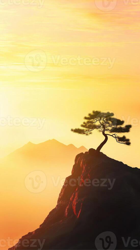 Surreal Silhouette of a Tree Against a Glowing Golden Sunset at the Beach photo