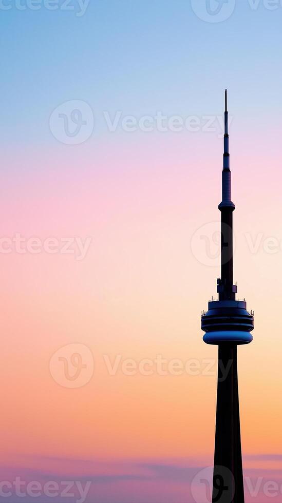 Futuristic Tower Glowing Over Colorful City Skyline at Sunset with Beautiful Gradient in the Sky photo