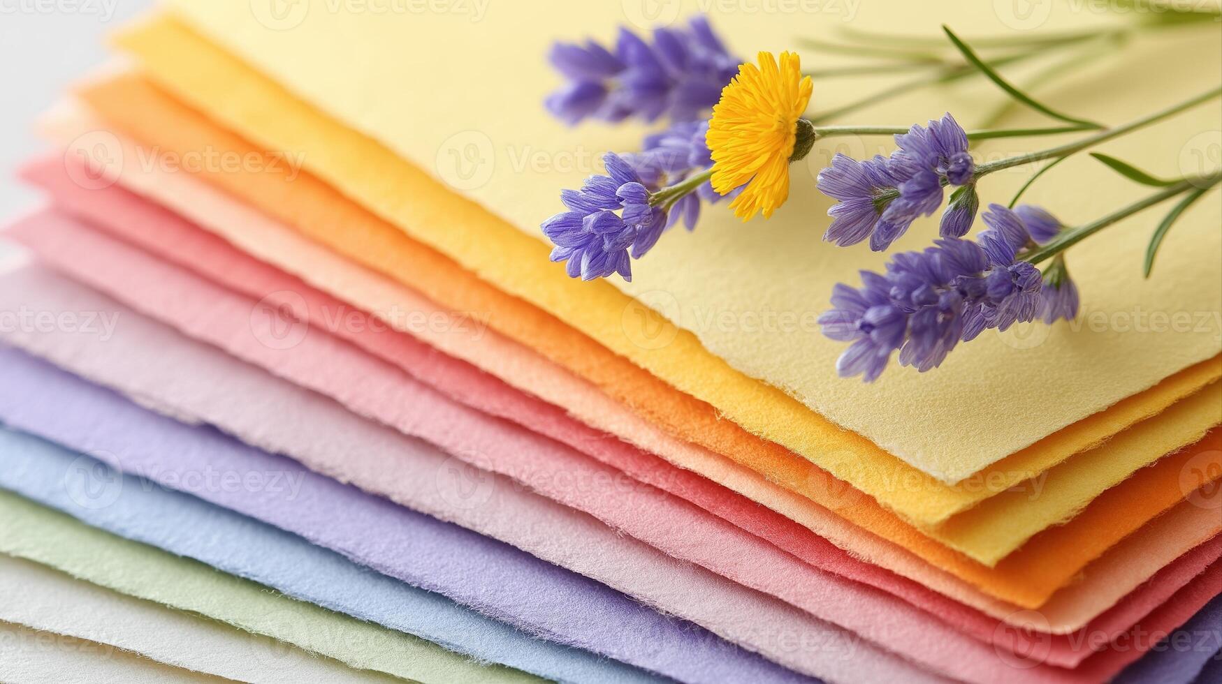 Colorful Paper Stacks with Fresh Lavender and Yellow Flower Arrangement on a Soft Background photo