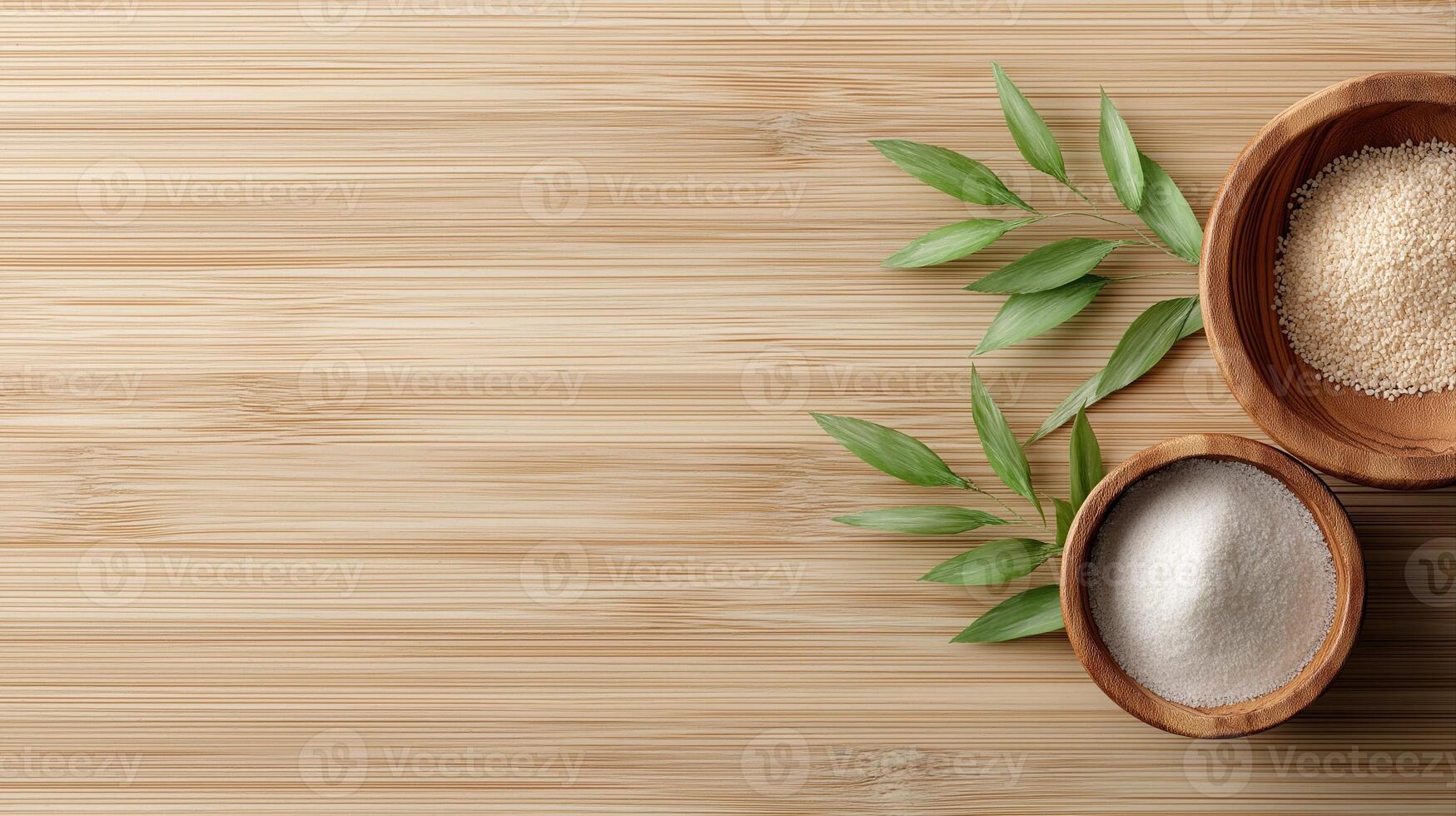 Natural Ingredients with Wooden Bowls, Green Leaves, and Textured Bamboo Background photo