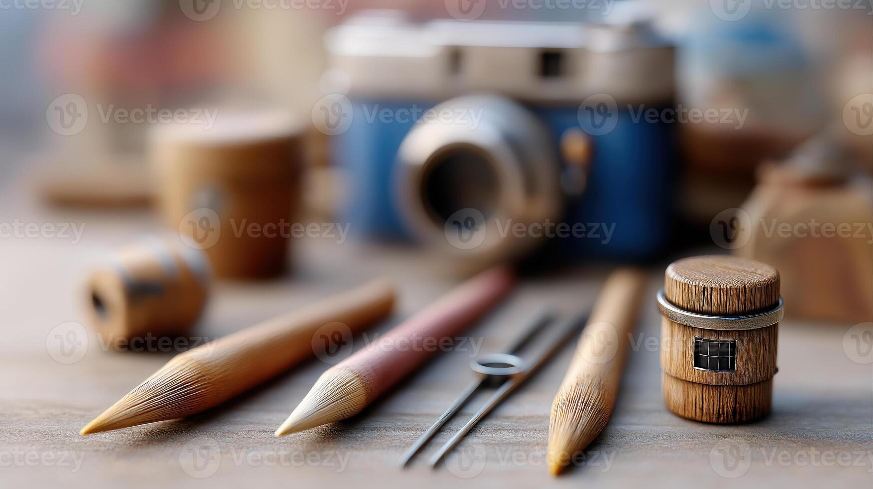 Vintage Photography Equipment with Wooden Tools and Accessories on a Wooden Table Background photo