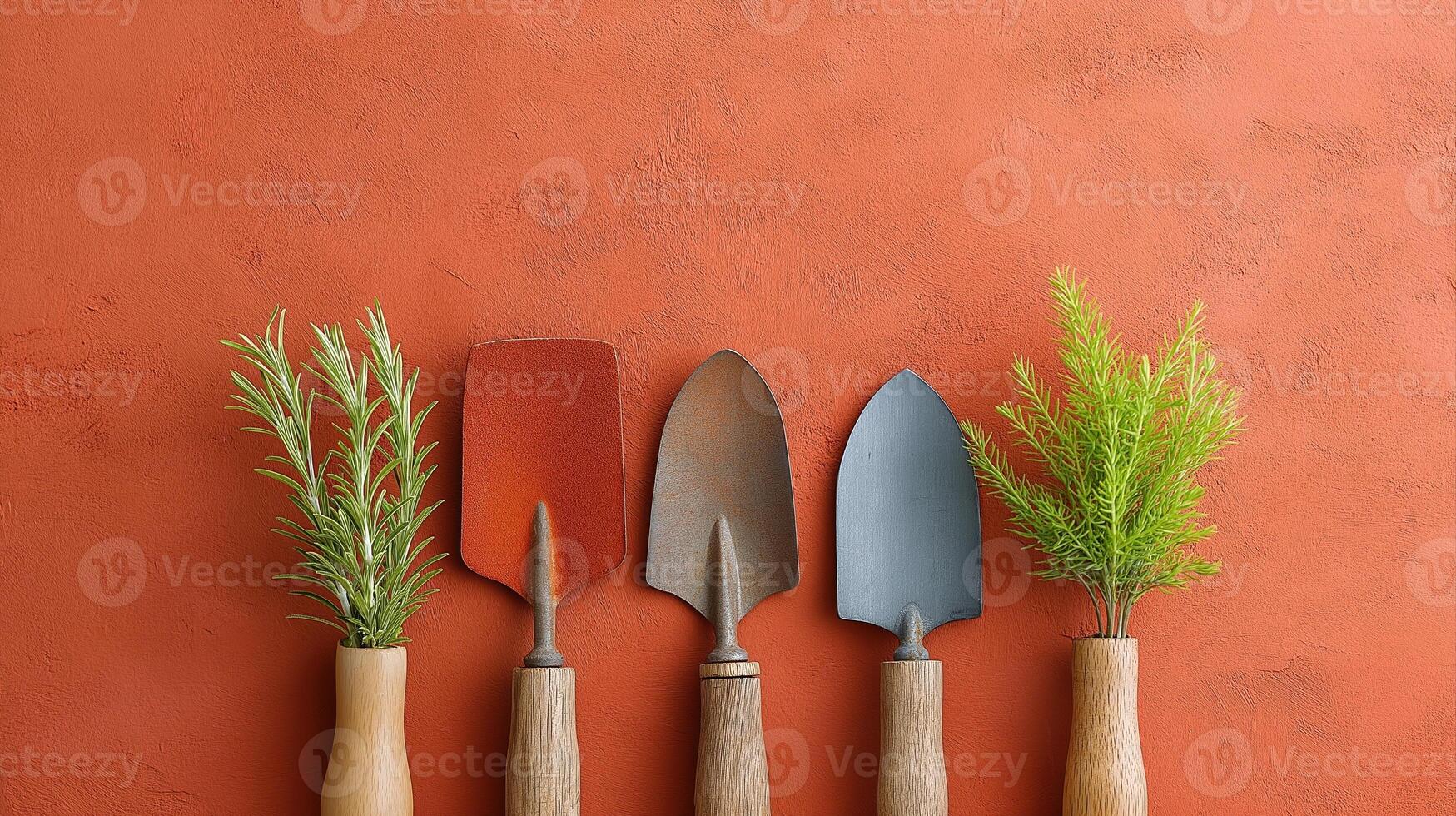 Garden Tools and Fresh Herbs in Elegant Vases on Vibrant Orange Background for Creative Projects photo