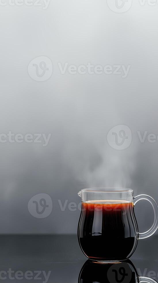 Surreal Coffee Brewing Setup with Steam on Black Reflective Surface Against Soft Gray Background photo