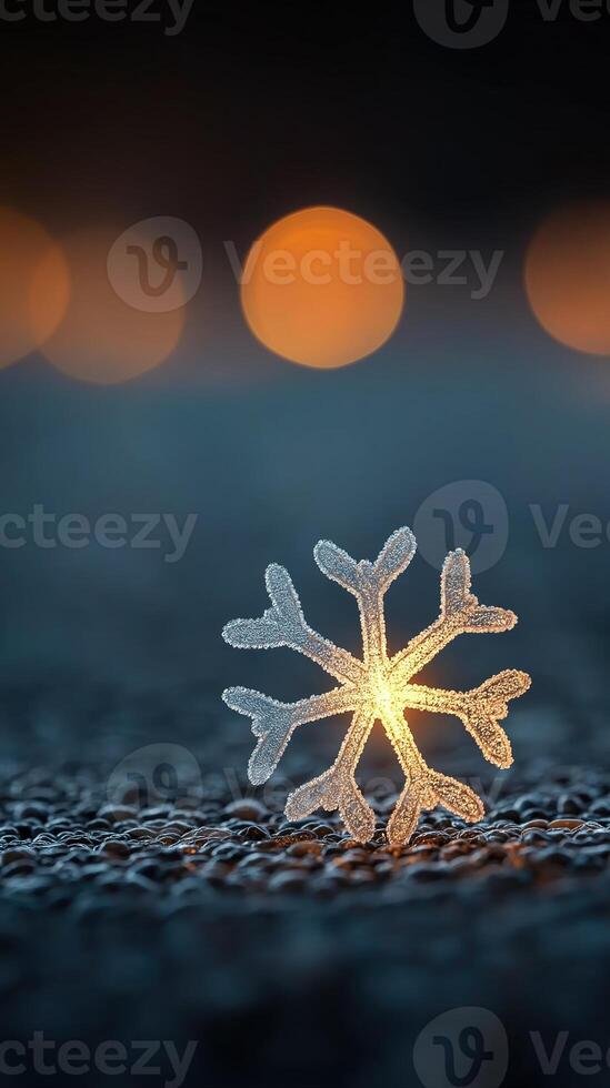 Close-Up of a Magical Frosted Snowflake Glowing Softly Against a Dark Background with Beautiful Bokeh photo