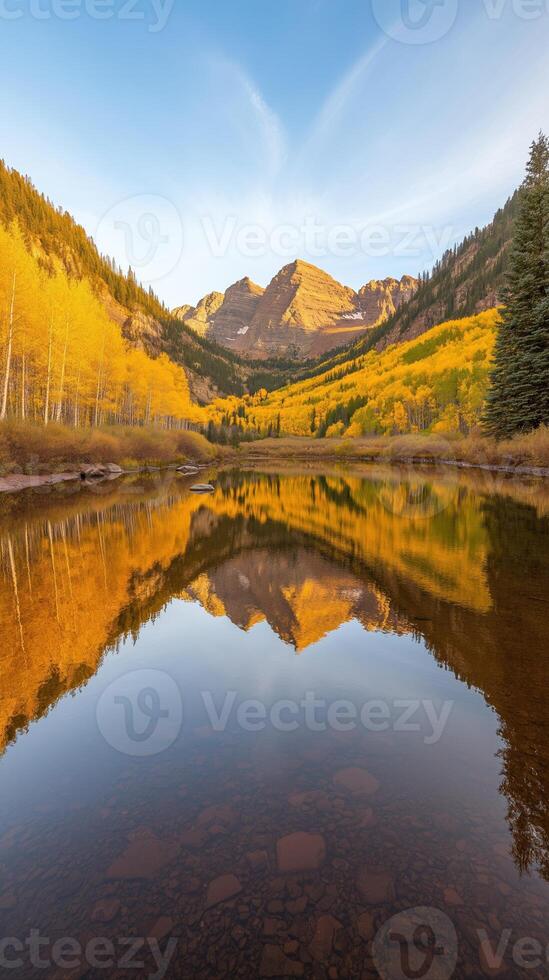 Tranquil Reflection of Majestic Mountains in Serene Lake Surrounded by Lush Autumn Foliage Under Clear Blue Sky photo