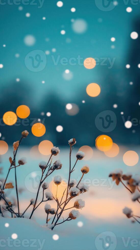 Snow-Covered Dried Flowers Glowing Softly in a Winter Wonderland with Bokeh Lights and Gentle Snowfall photo