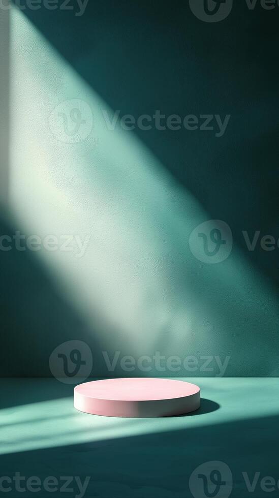 Minimalistic Pink Podium with Glowing Light in a Teal Futuristic Studio Environment photo