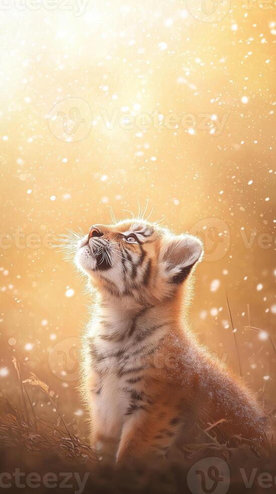 Joyful Tiger Cub Roaring in Heavy Glowing Snowstorm Under Soft Golden Light photo