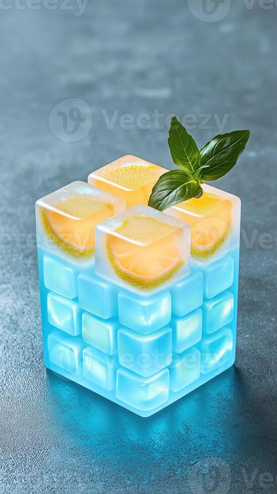Refreshing Lemonade Drink with Glowing Ice Cubes and Lemon Garnish in a Stylish Glass photo