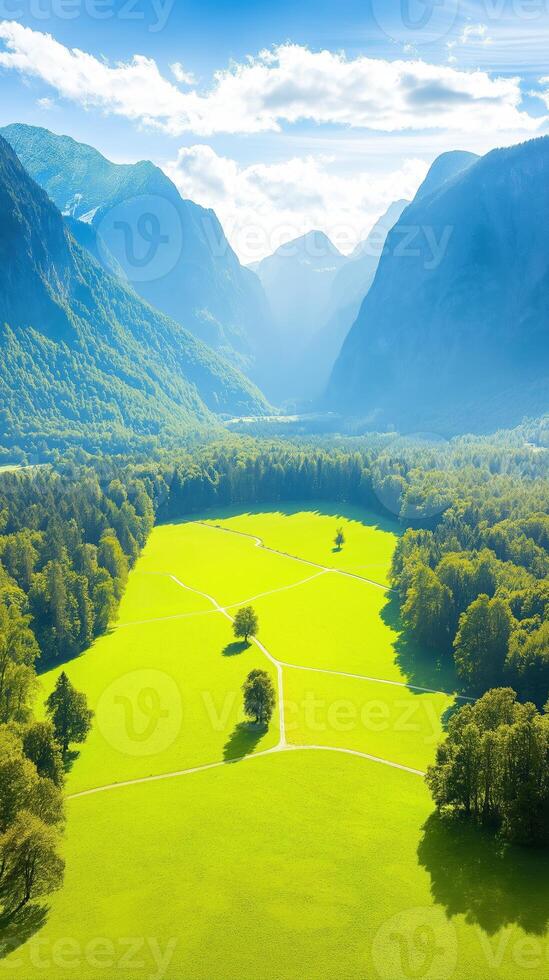 Vibrant Green Valley Surrounded by Snowy Mountains Under a Bright Blue Sky with Lush Vegetation and Sunlight photo