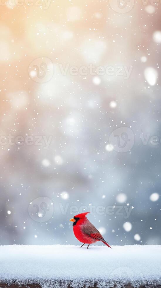 Vibrant Red Bird Glowing Softly in a Snowy Forest with Gentle Light Falling Around photo