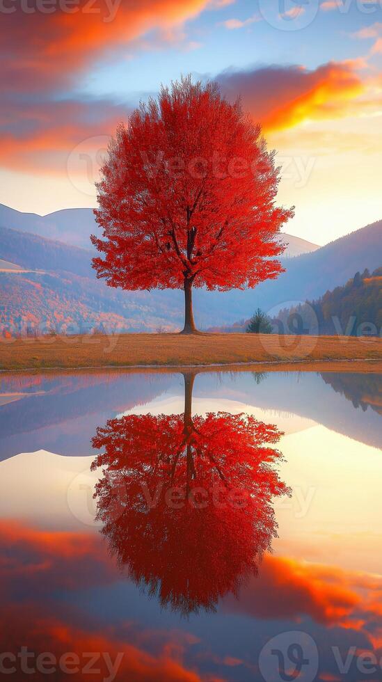 Dreamlike Sunset with Glowing Tree Reflected in Calm Water Under Colorful Sky photo