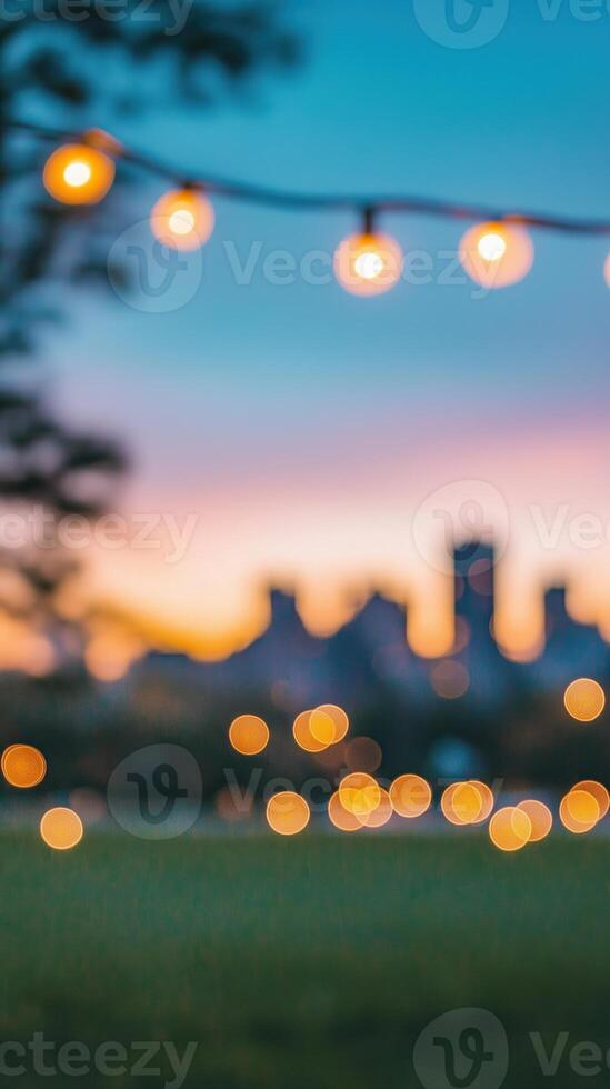Enchanting Twilight Skyline of a City with Glowing Lights and Bokeh Effect in the Background photo