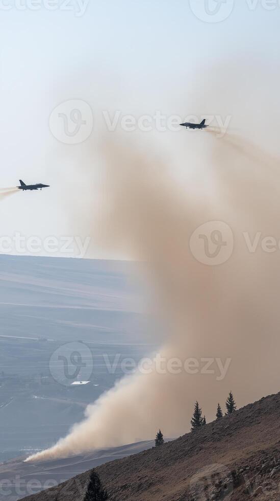 Military Aircraft Flying Over Mountain Landscape with Swirling Dust and Smoky Trails in Clear Sky photo