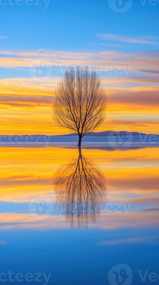 Dreamlike Sunset with Lonely Tree Glowing Under a Vibrant Sky and Reflecting in Calm Waters photo