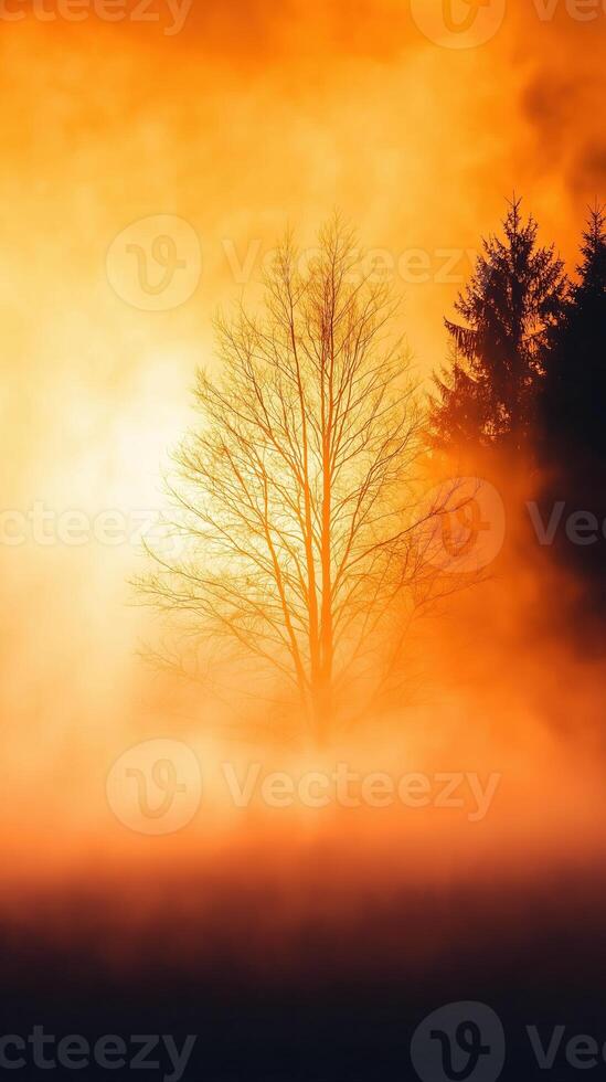 Enchanting Tree Bathed in Glowing Mist Above a Still Lake at Twilight photo