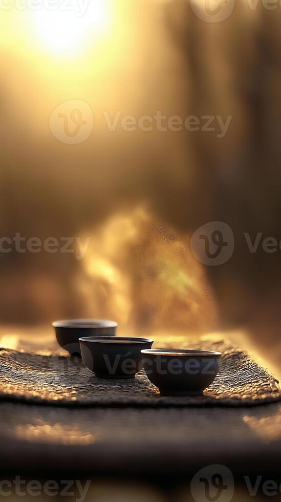 Elegant tea set served on rustic table with warm steam rising in the golden light of a tranquil evening photo