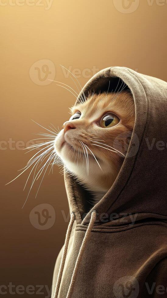 Adorable Cat in Hoodie Gazing Upwards With Soft Facial Features and Magical Expression photo