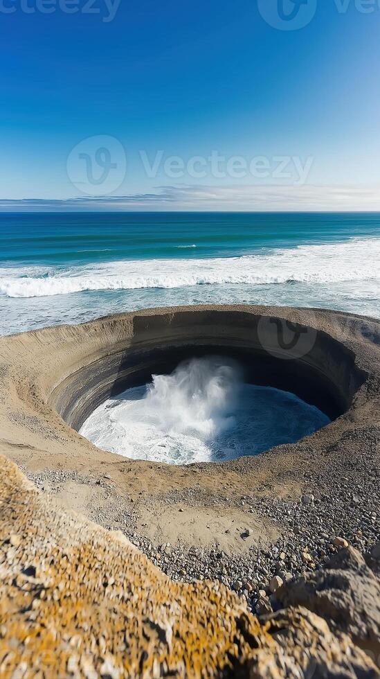 Aerial View of Waves Crashing Against Smooth Golden Beach Shoreline Under Bright Blue Sky photo