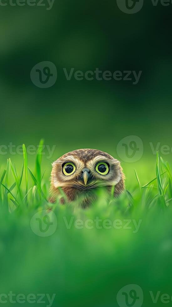 Enchanting Tiny Owl with Large Eyes Glowing Under Magical Soft Light in a Lush Green Environment photo