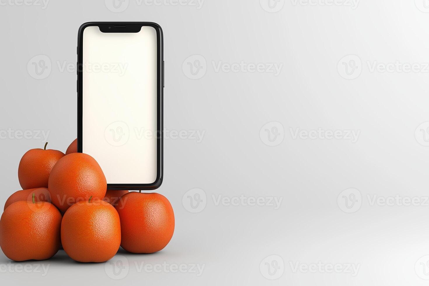 Display of Fresh Oranges Next to a Smartphone in a Virtual Shop Window for Online Shopping Experience photo
