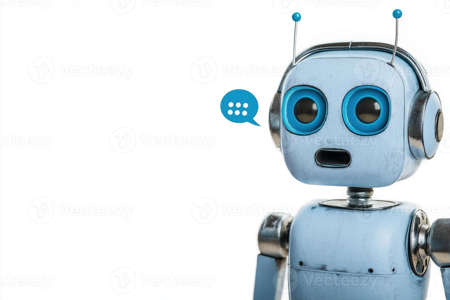 Cute robot assistant with blue headset and speech bubble expressing surprise or curiosity in a white background photo