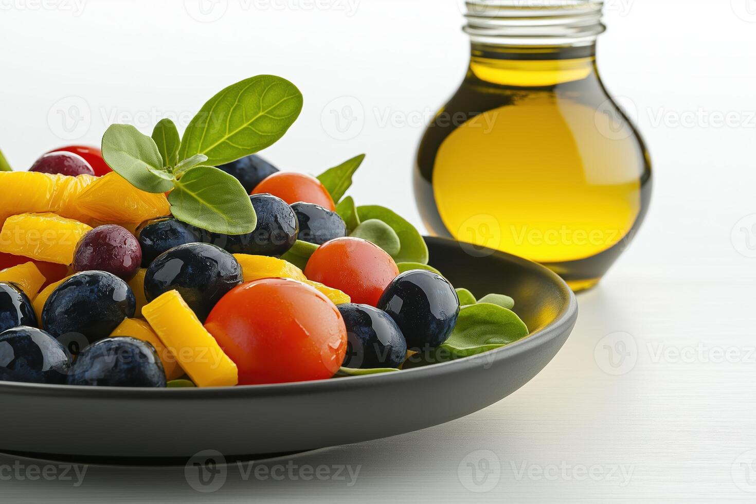 Fresh Clean Salad with Colorful Vegetables and Olive Oil in a Jar on a Bright Background photo