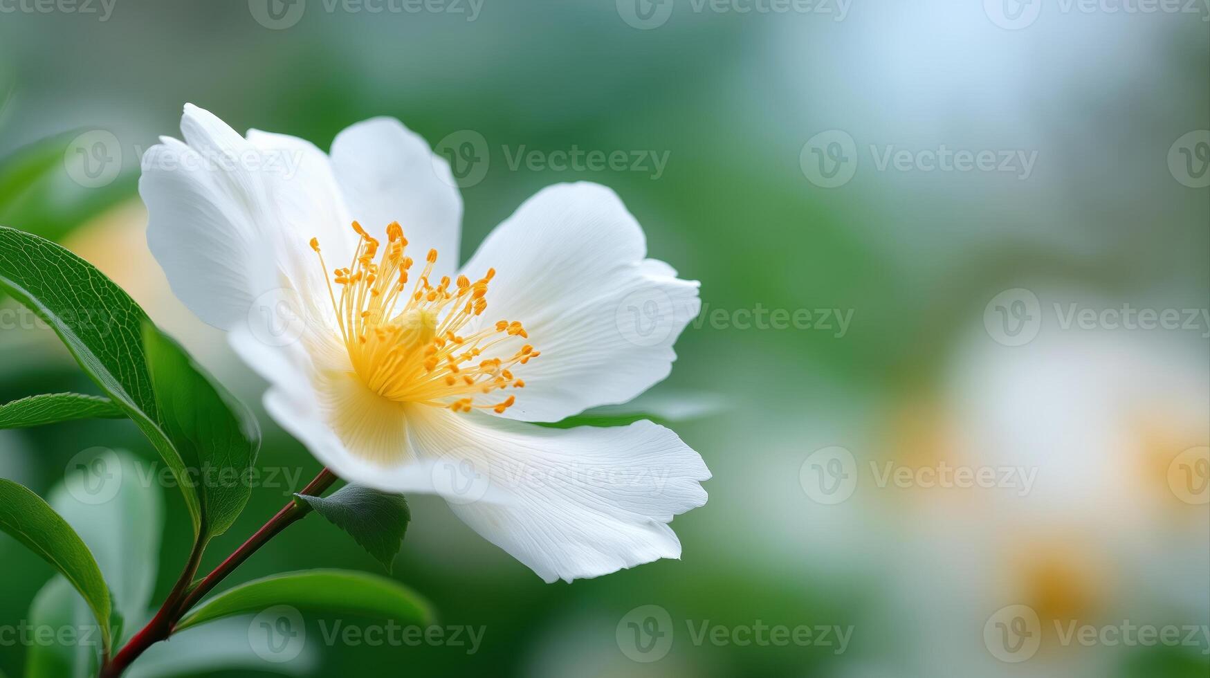 Delicate White Flower with Yellow Center Against Soft Green Background in Nature Setting photo